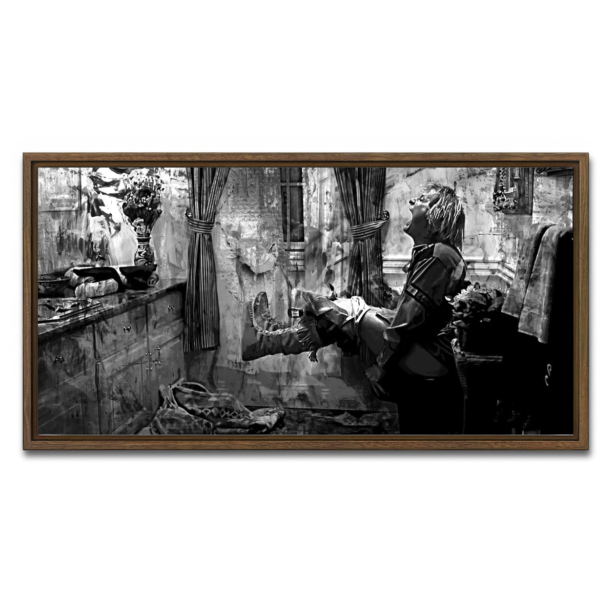 AUTO-MOCKUP WHITE | Dumb & Dumber Bathroom Decor Grayscale | 1 Piece | Walnut Framed Canvas | group=2x1