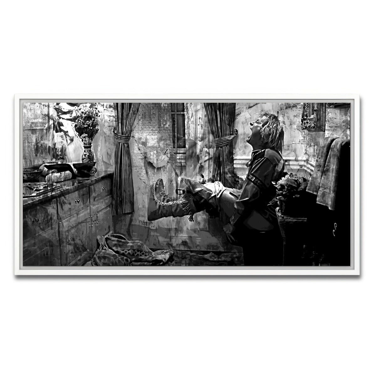 AUTO-MOCKUP WHITE | Dumb & Dumber Bathroom Decor Grayscale | 1 Piece | White Framed Canvas | group=2x1