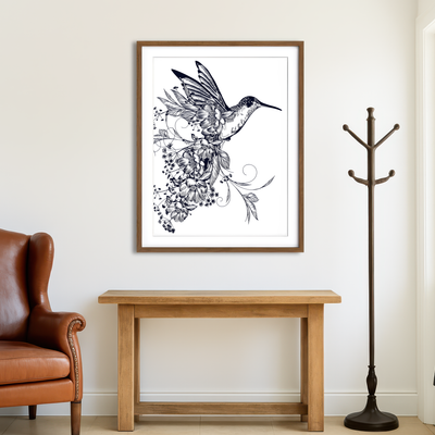 AUTO-MOCKUP ROOM | Elegant Hummingbird with Flowers Wall Art