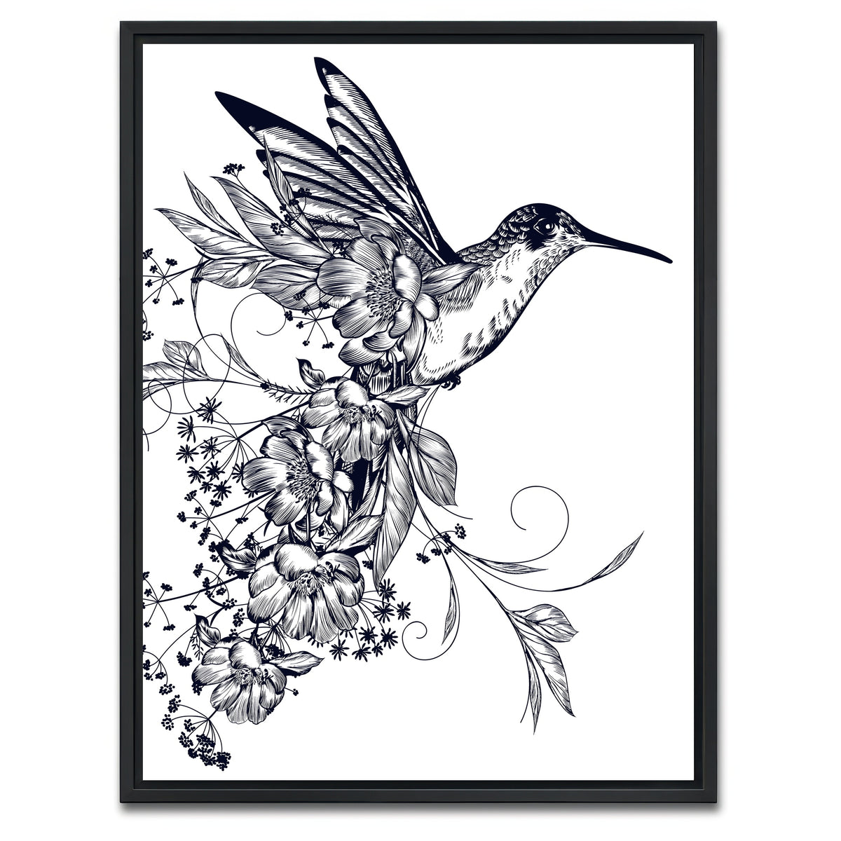AUTO-MOCKUP WHITE | Elegant hummingbird with flowers | 1 Piece | Black Framed Canvas | group=3x4