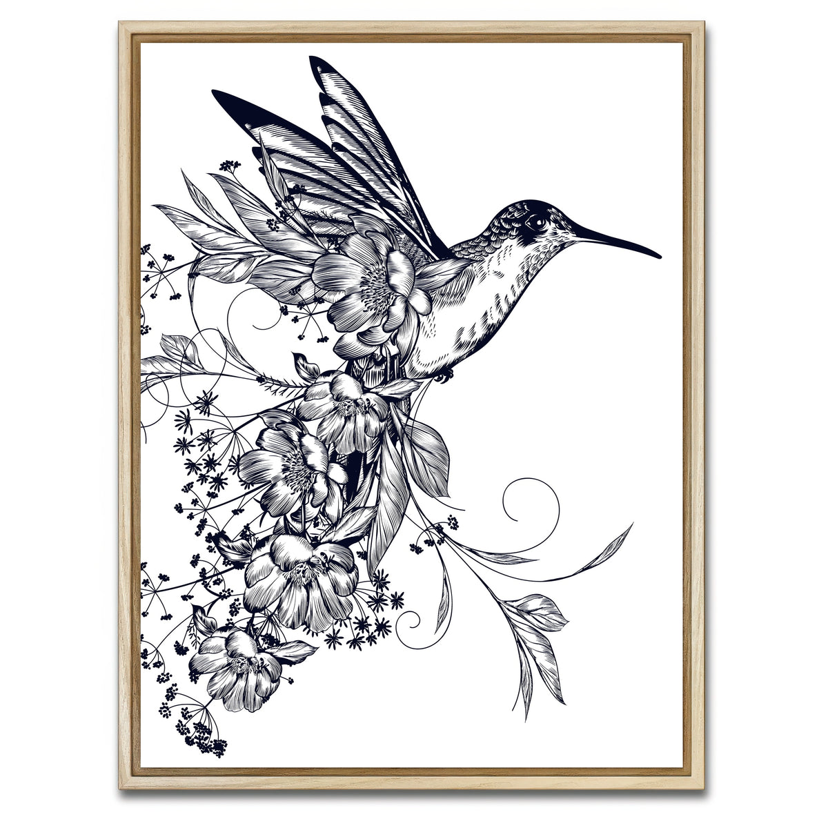 AUTO-MOCKUP WHITE | Elegant hummingbird with flowers | 1 Piece | Natural Framed Canvas | group=3x4