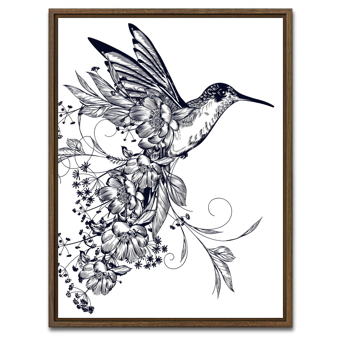 AUTO-MOCKUP WHITE | Elegant hummingbird with flowers | 1 Piece | Walnut Framed Canvas | group=3x4