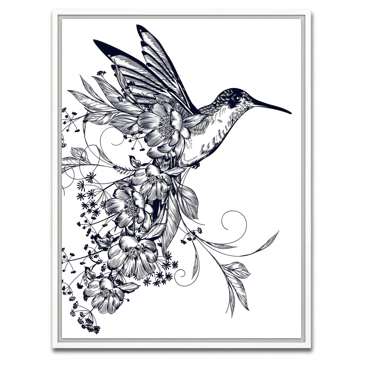 AUTO-MOCKUP WHITE | Elegant hummingbird with flowers | 1 Piece | White Framed Canvas | group=3x4