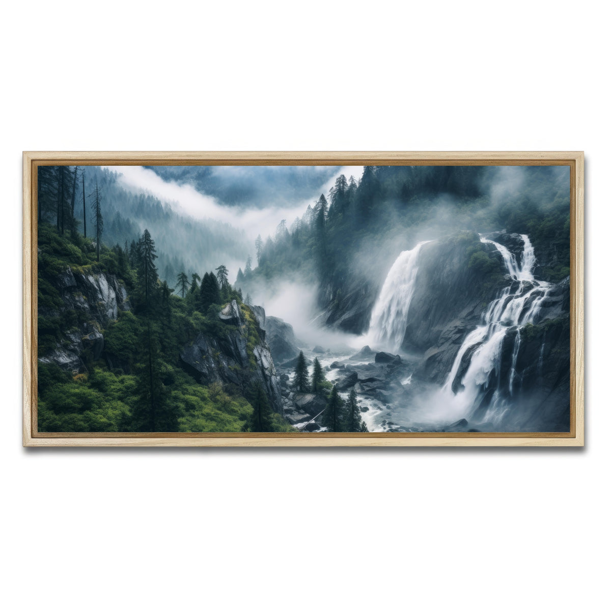 AUTO-MOCKUP WHITE | Enchanting forest waterfalls | 1 Piece | Natural Framed Canvas | group=2x1