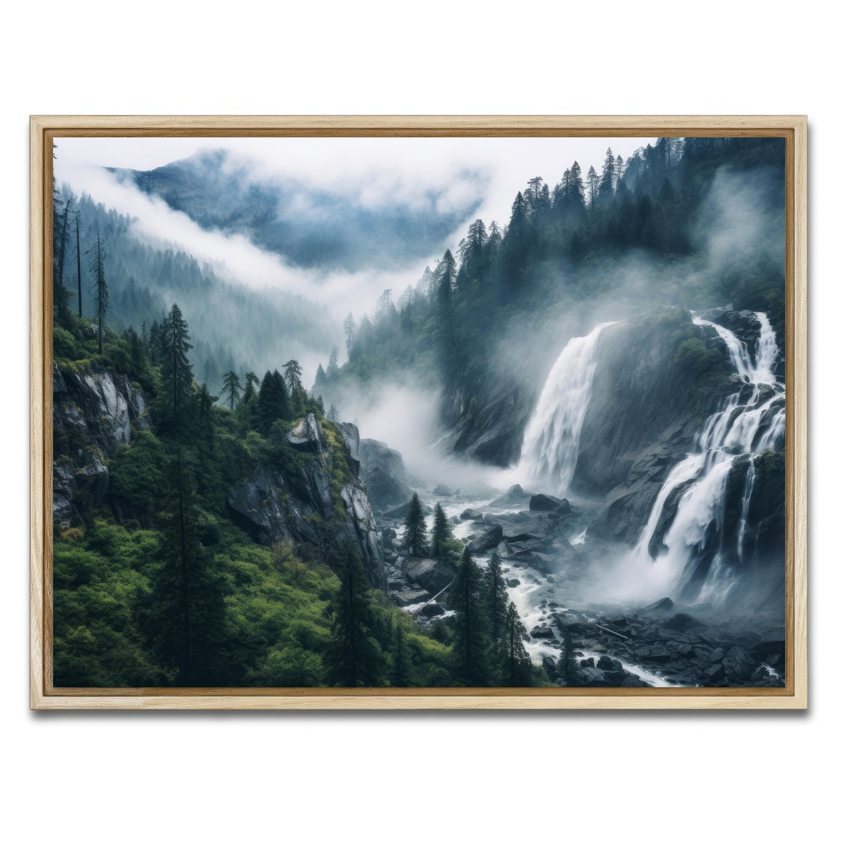 AUTO-MOCKUP WHITE | Enchanting forest waterfalls | 1 Piece | Natural Framed Canvas | group=4x3