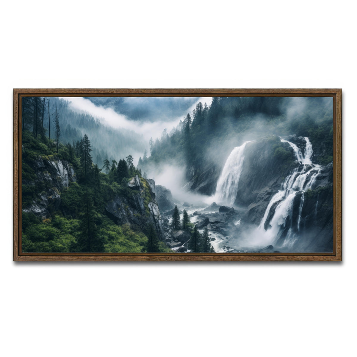 AUTO-MOCKUP WHITE | Enchanting forest waterfalls | 1 Piece | Walnut Framed Canvas | group=2x1
