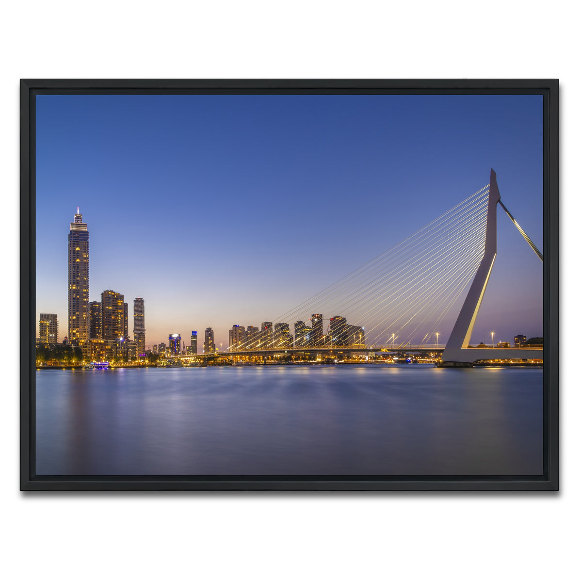 AUTO-MOCKUP WHITE | Erasmus Bridge and Rotterdam skyline in the evening | 1 Piece | Black Framed Canvas | group=4x3