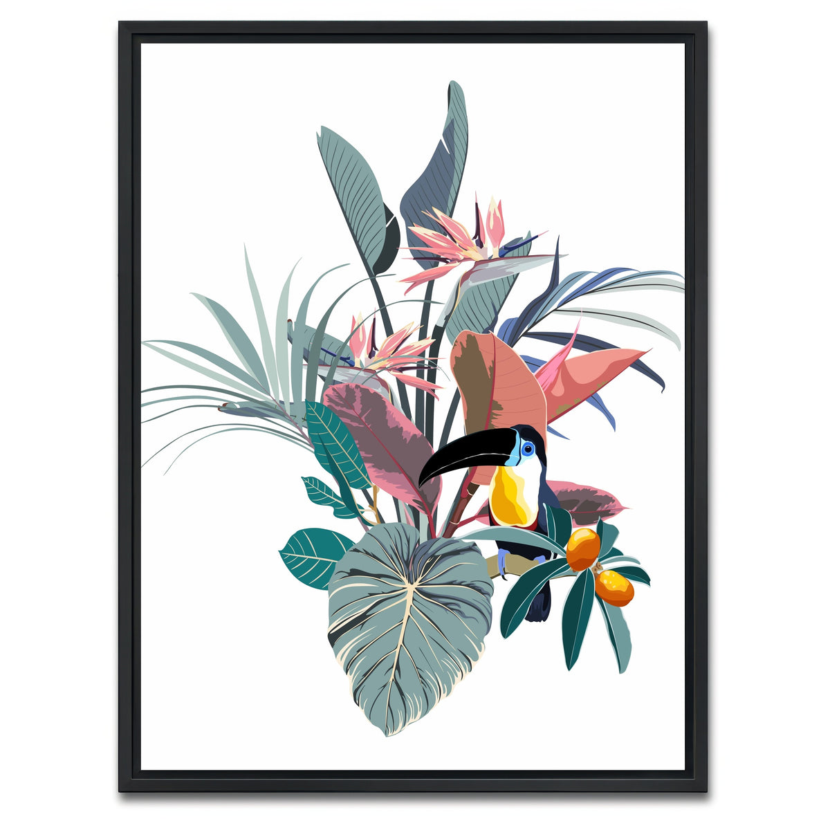 AUTO-MOCKUP WHITE | Exotic flowers & toucan | 1 Piece | Black Framed Canvas | group=3x4