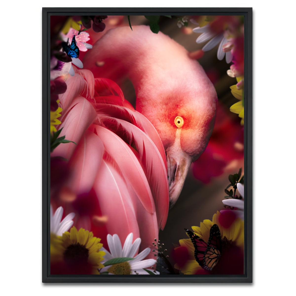 AUTO-MOCKUP WHITE | Flamingo with flowers | 1 Piece | Black Framed Canvas | group=3x4