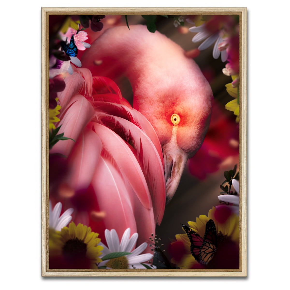 AUTO-MOCKUP WHITE | Flamingo with flowers | 1 Piece | Natural Framed Canvas | group=3x4