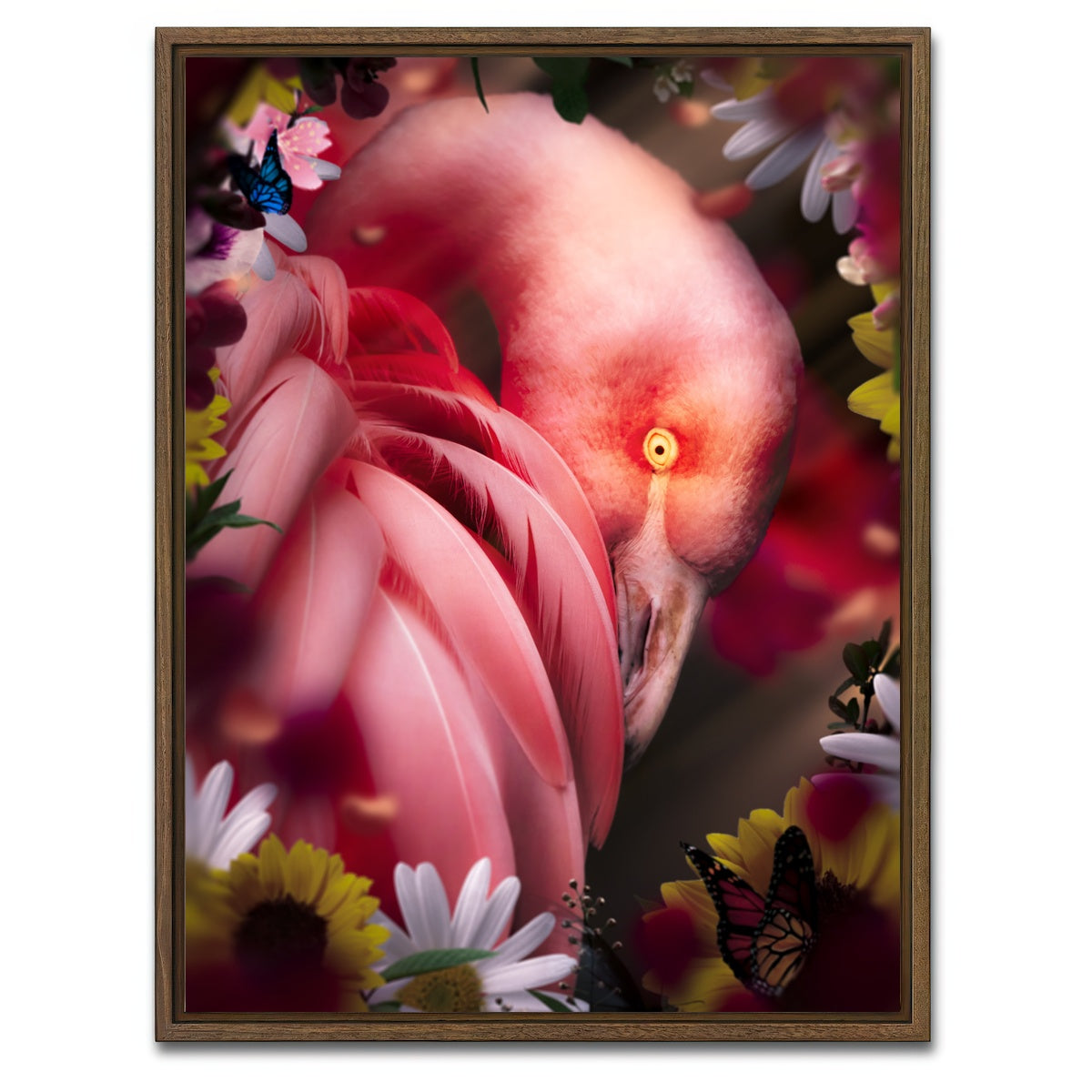 AUTO-MOCKUP WHITE | Flamingo with flowers | 1 Piece | Walnut Framed Canvas | group=3x4