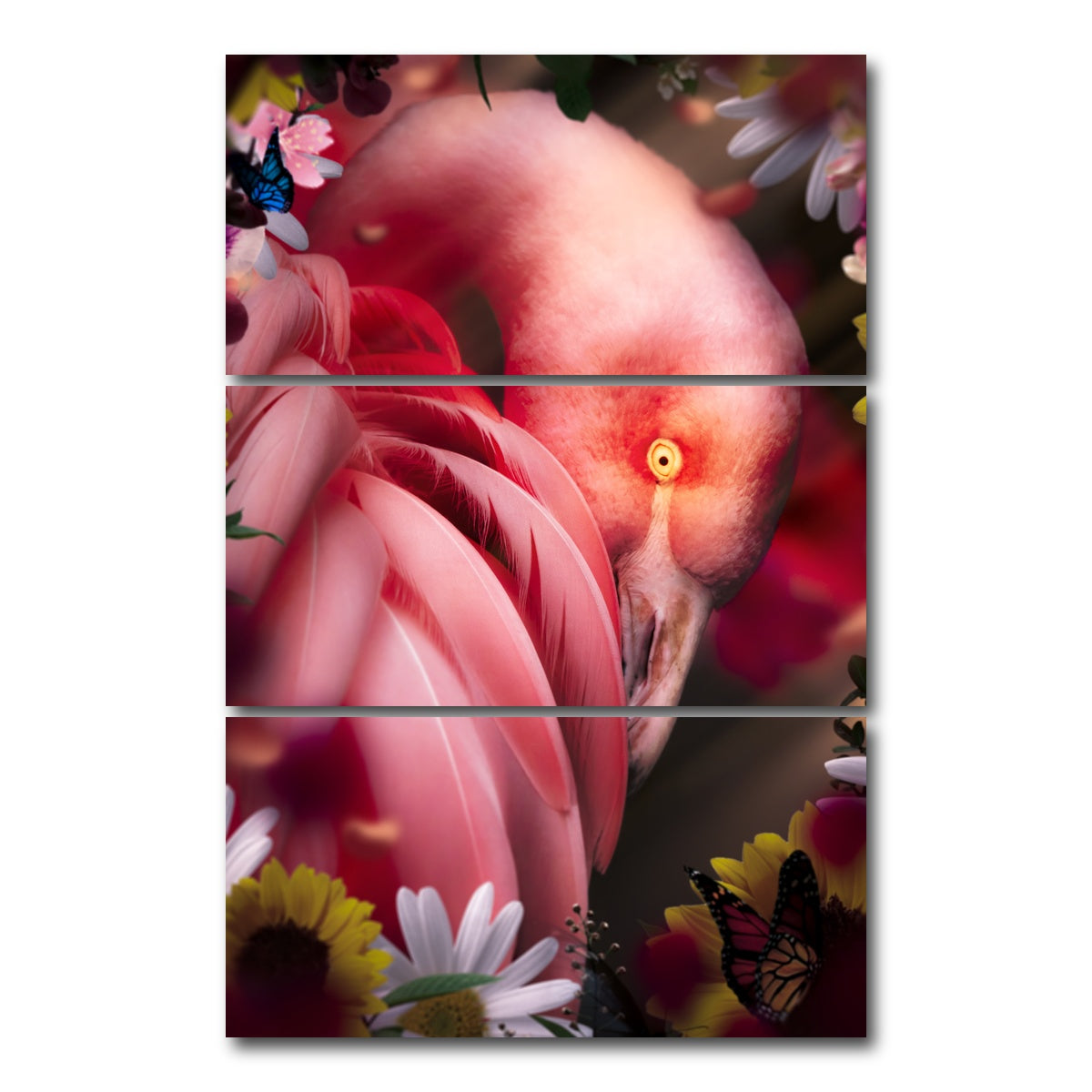AUTO-MOCKUP WHITE | Flamingo with flowers | 3 Piece | Gallery Wrap Canvas | group=12x24_stacked