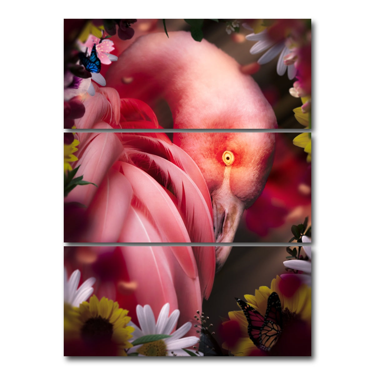 AUTO-MOCKUP WHITE | Flamingo with flowers | 3 Piece | Gallery Wrap Canvas | group=8x18_stacked