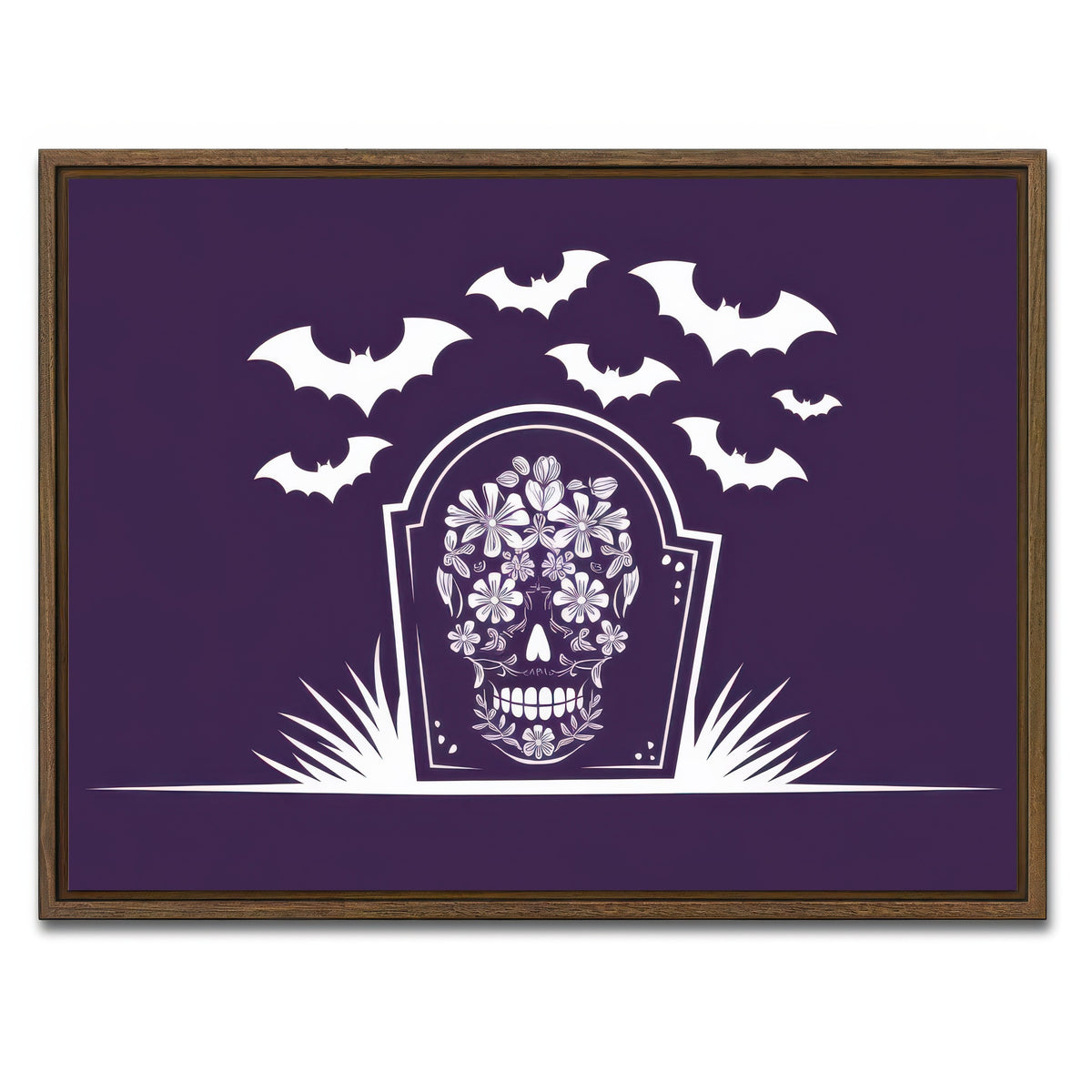 AUTO-MOCKUP WHITE | Floral Skull Gravestone | 1 Piece | Walnut Framed Canvas | group=4x3