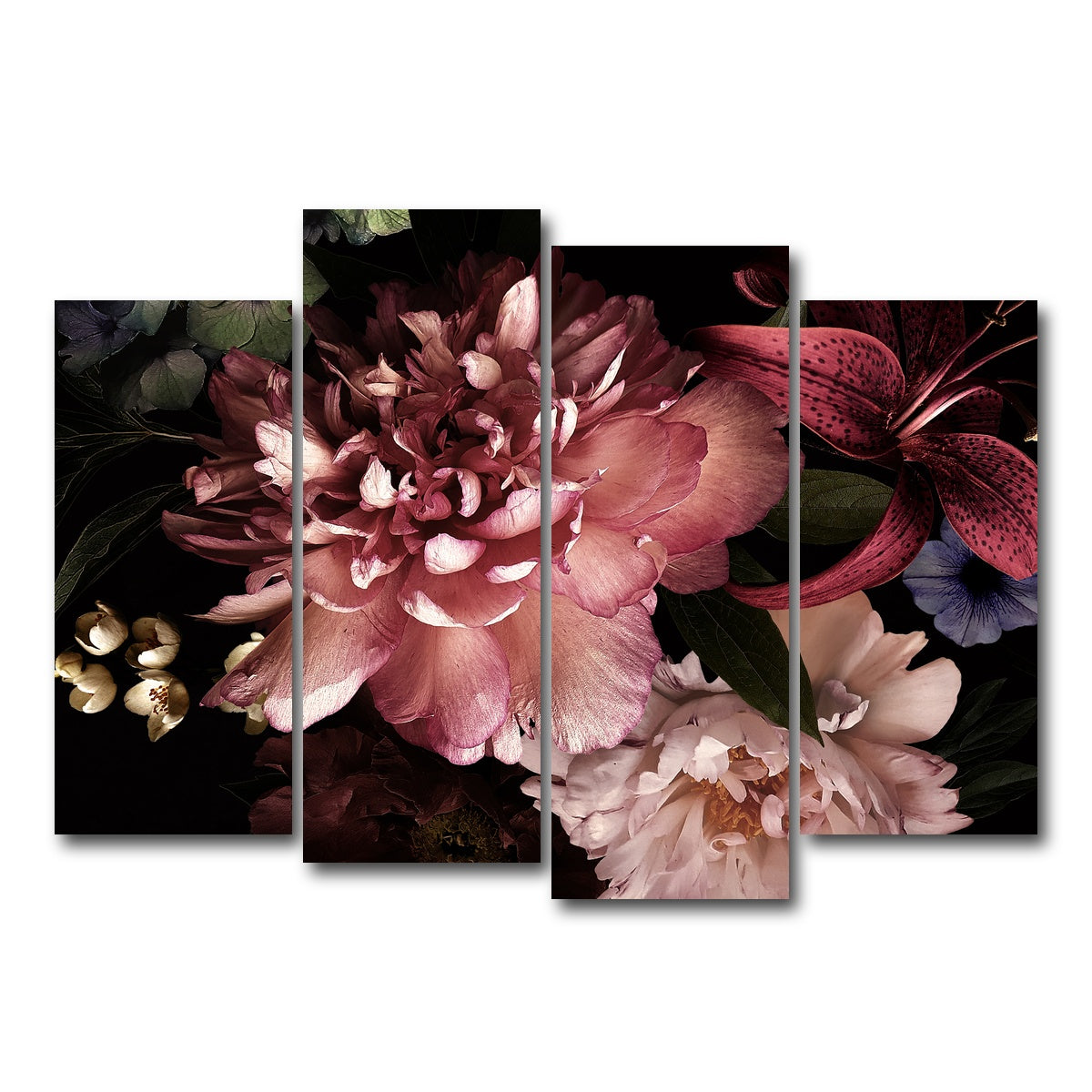 AUTO-MOCKUP WHITE | Floral on Black | 4 Piece | Gallery Wrap Canvas | group=4_normal