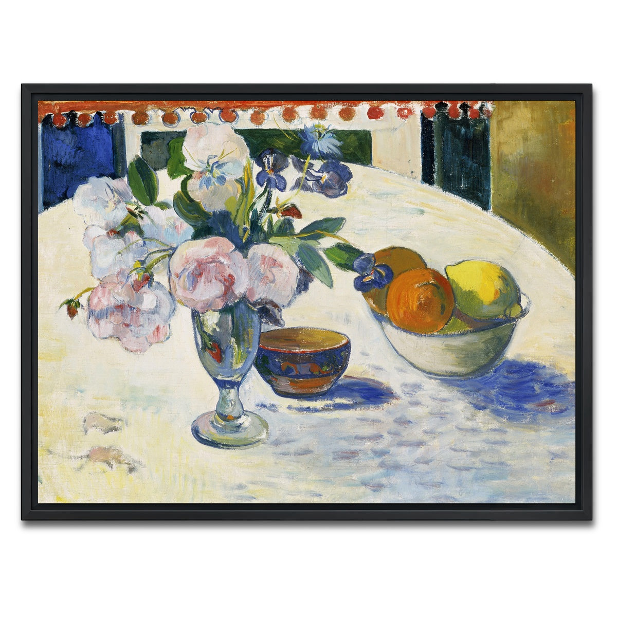 AUTO-MOCKUP WHITE | Flowers and a Bowl of Fruit on a Table | 1 Piece | Black Framed Canvas | group=4x3