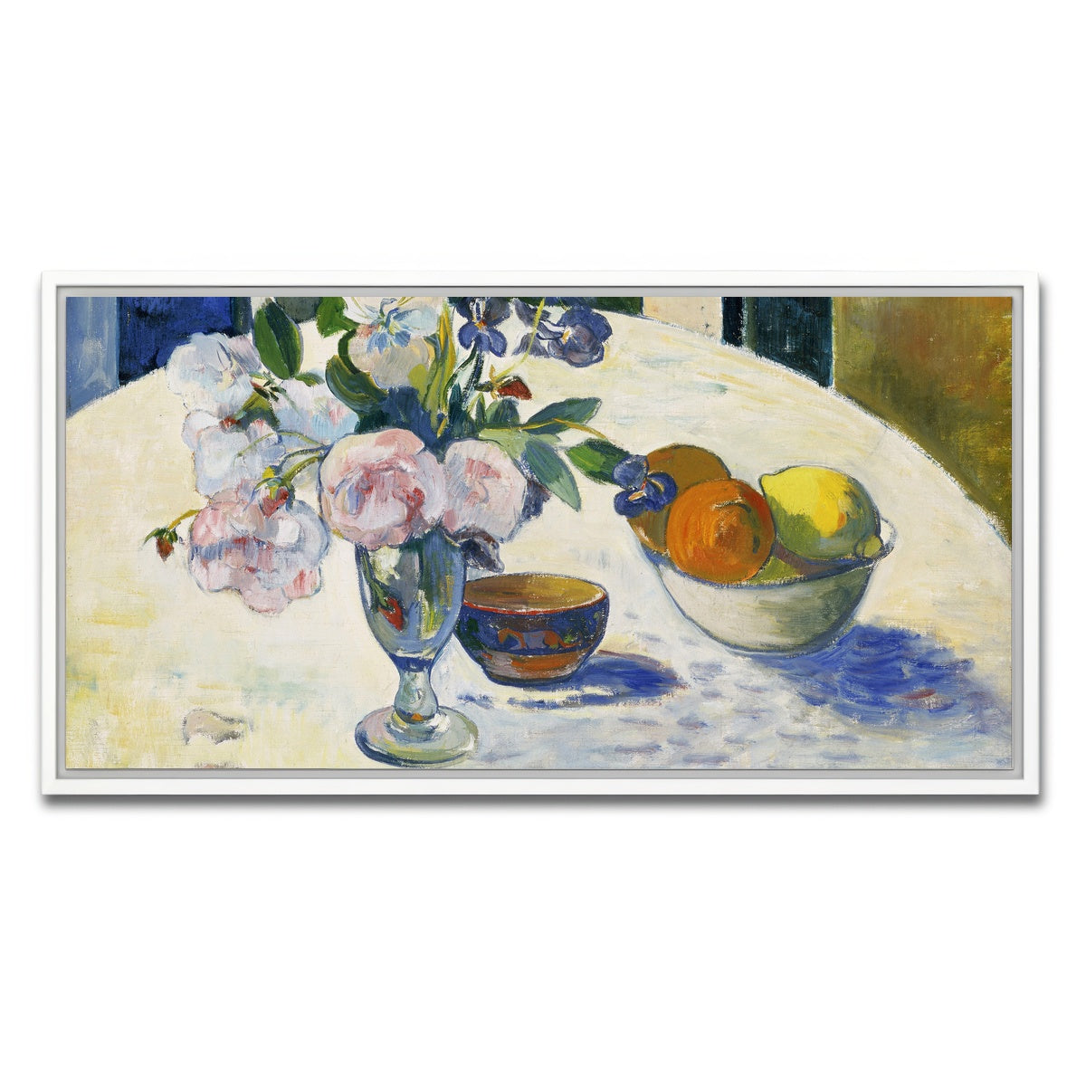 AUTO-MOCKUP WHITE | Flowers and a Bowl of Fruit on a Table | 1 Piece | White Framed Canvas | group=2x1