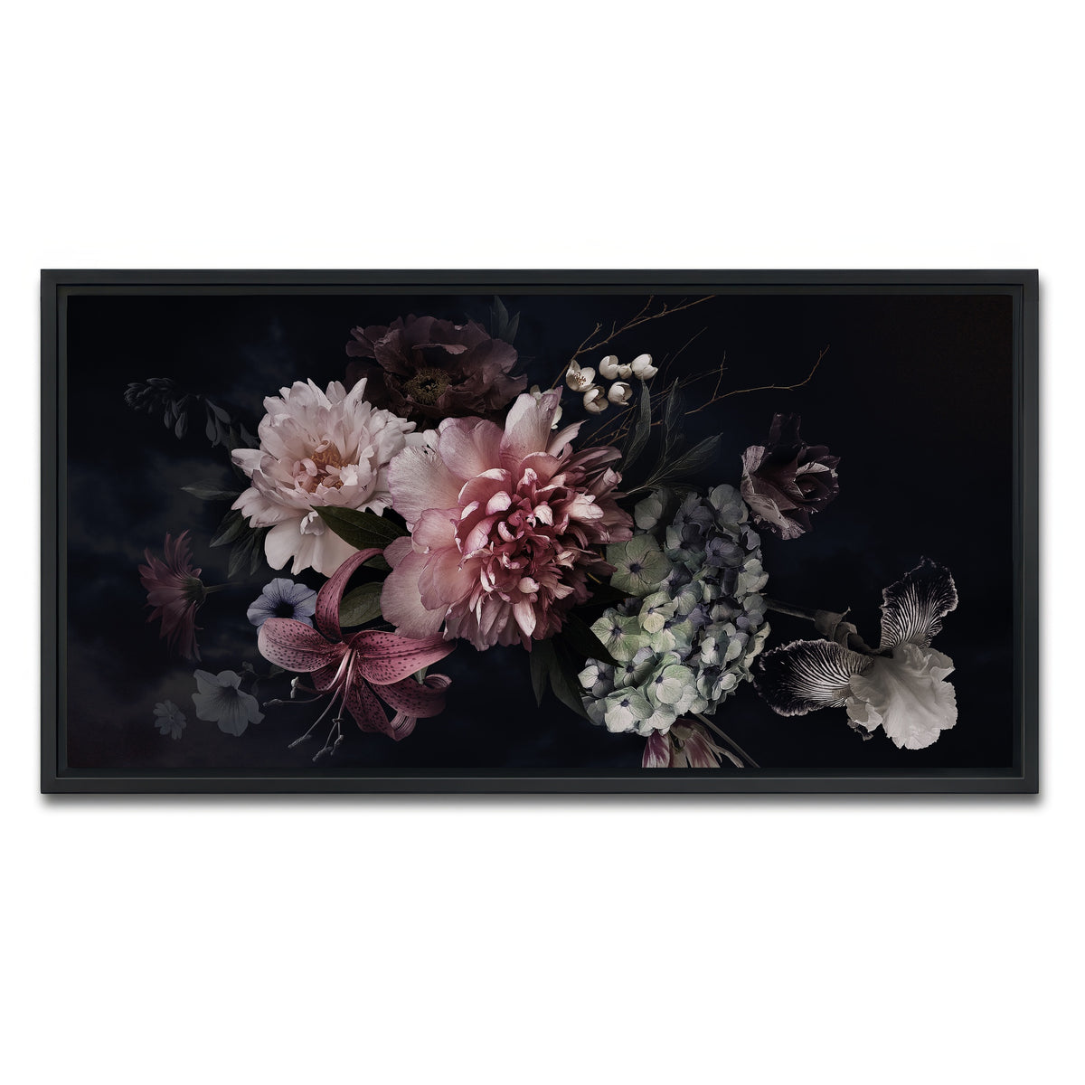 AUTO-MOCKUP WHITE | Flowers on Black | 1 Piece | Black Framed Canvas | group=2x1