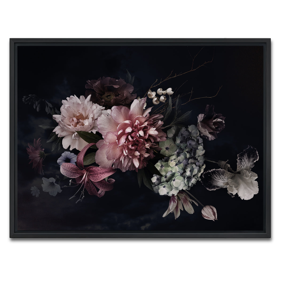 AUTO-MOCKUP WHITE | Flowers on Black | 1 Piece | Black Framed Canvas | group=4x3