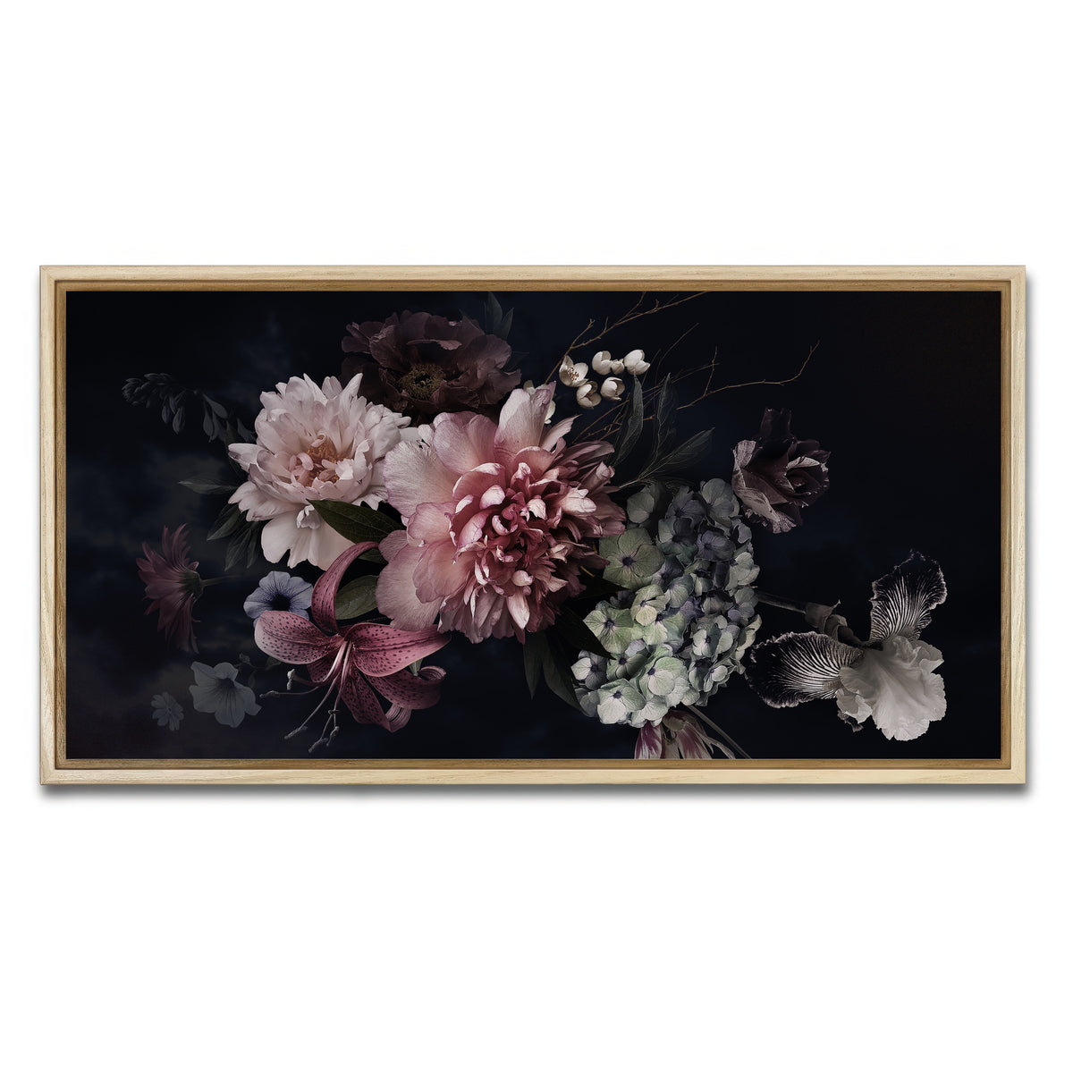 AUTO-MOCKUP WHITE | Flowers on Black | 1 Piece | Natural Framed Canvas | group=2x1