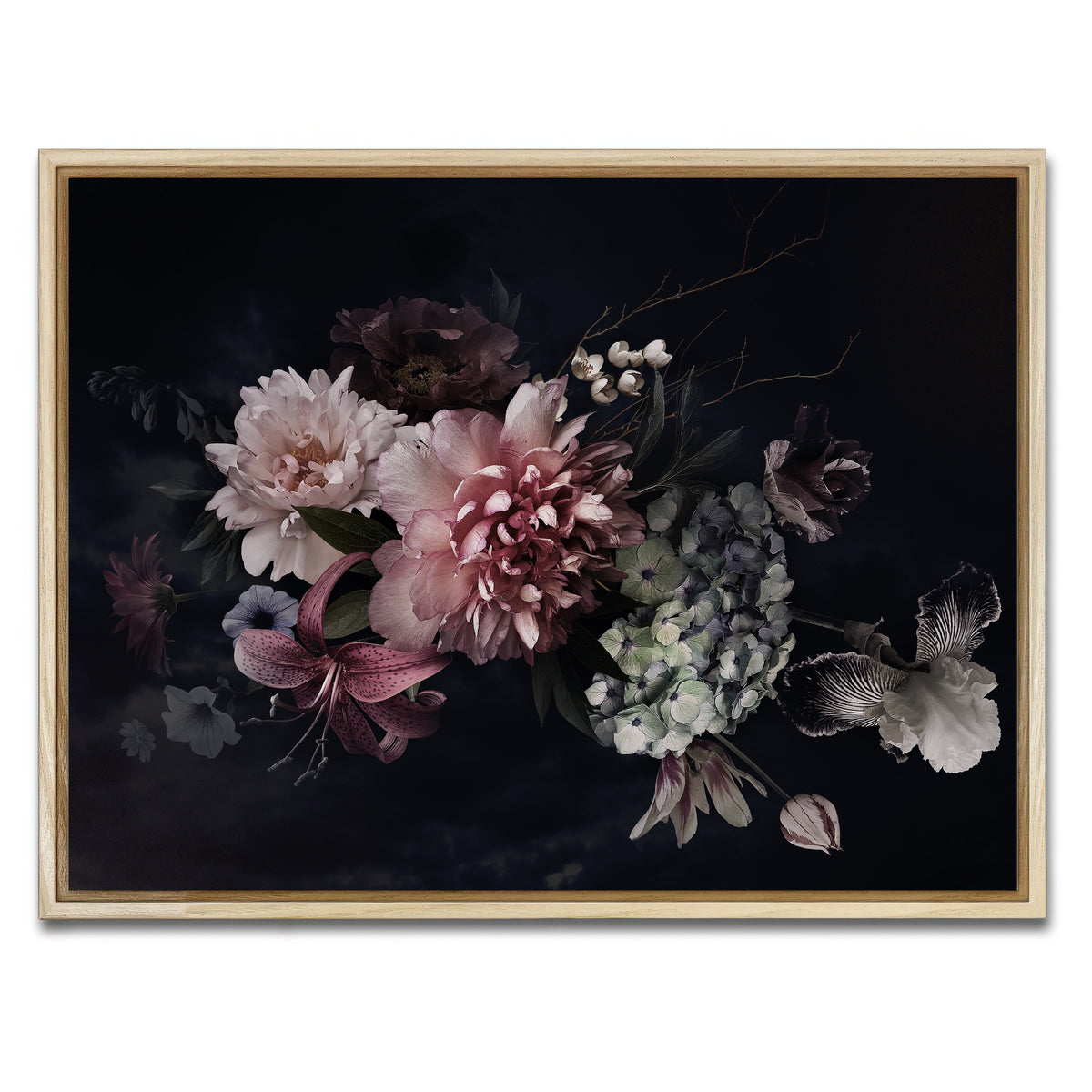 AUTO-MOCKUP WHITE | Flowers on Black | 1 Piece | Natural Framed Canvas | group=4x3