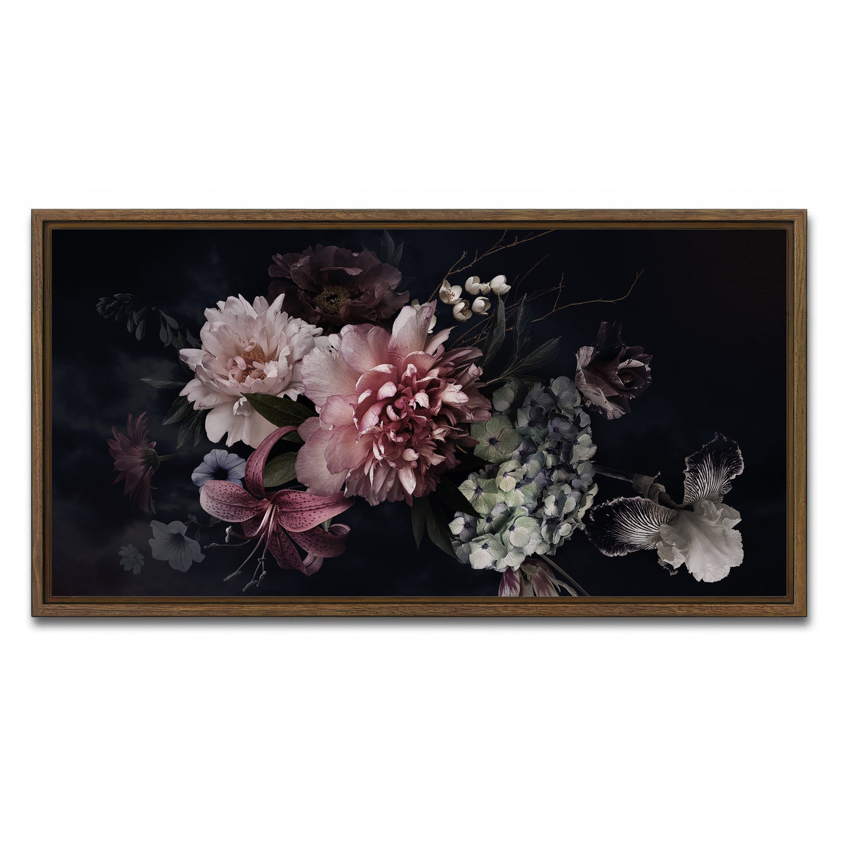 AUTO-MOCKUP WHITE | Flowers on Black | 1 Piece | Walnut Framed Canvas | group=2x1