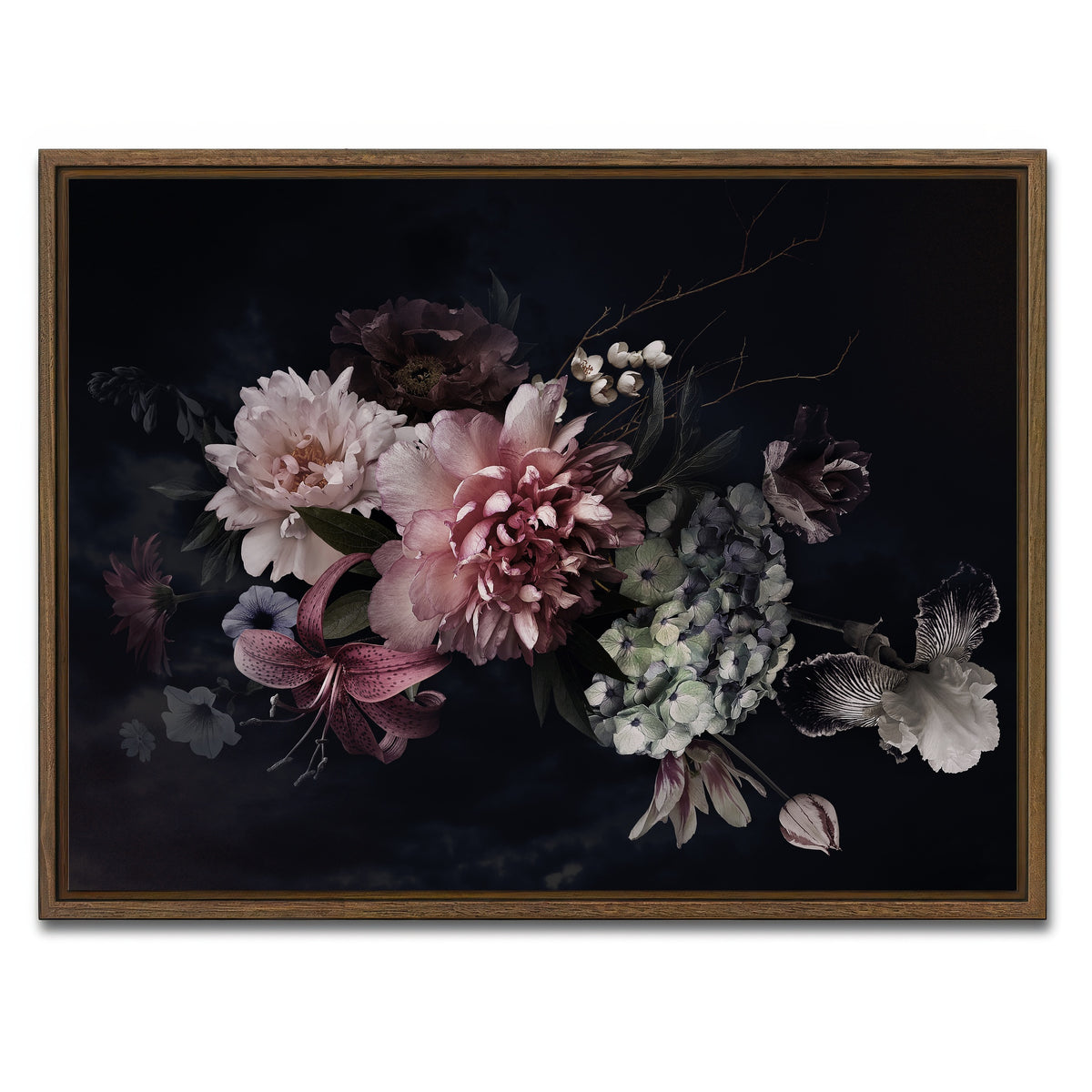 AUTO-MOCKUP WHITE | Flowers on Black | 1 Piece | Walnut Framed Canvas | group=4x3