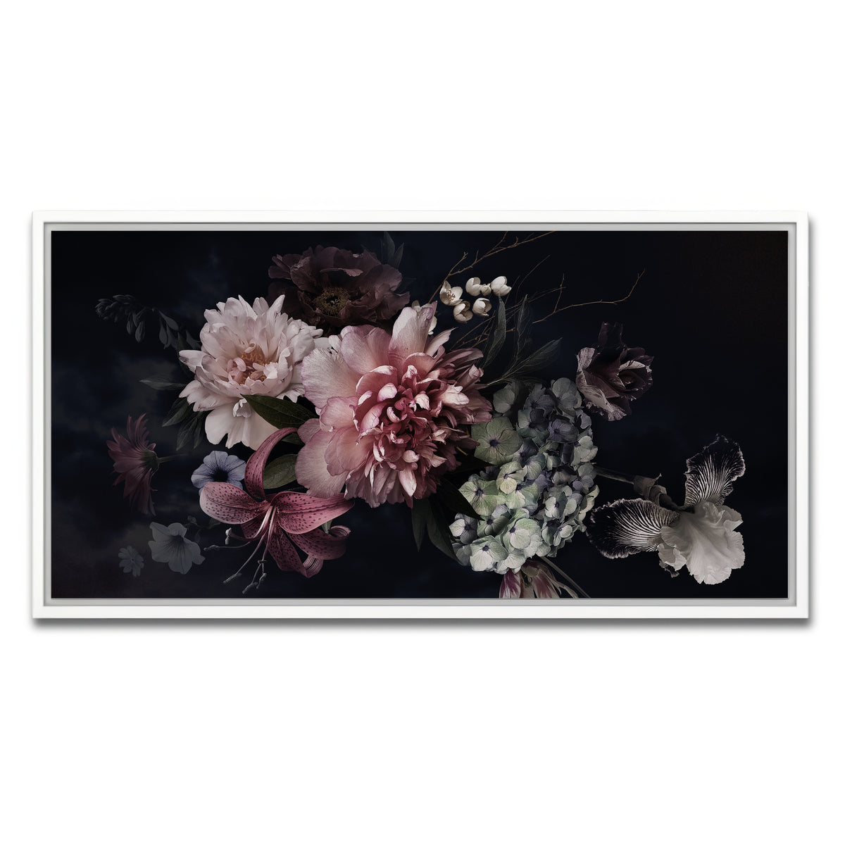 AUTO-MOCKUP WHITE | Flowers on Black | 1 Piece | White Framed Canvas | group=2x1