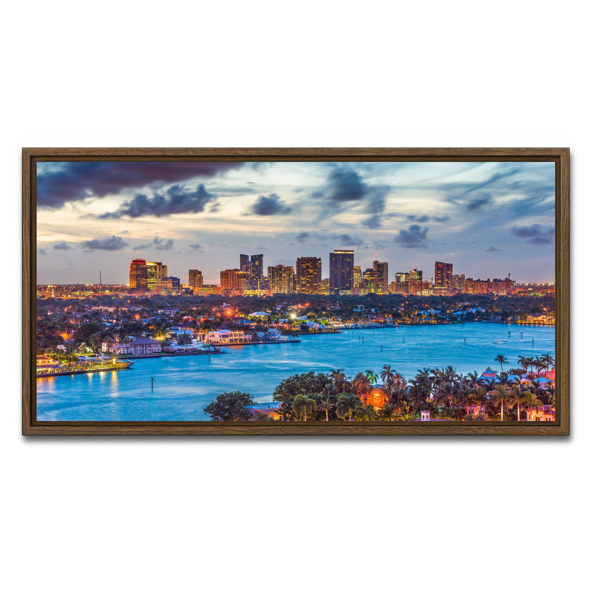 AUTO-MOCKUP WHITE | Fort Lauderdale Skyline | 1 Piece | Walnut Framed Canvas | group=2x1