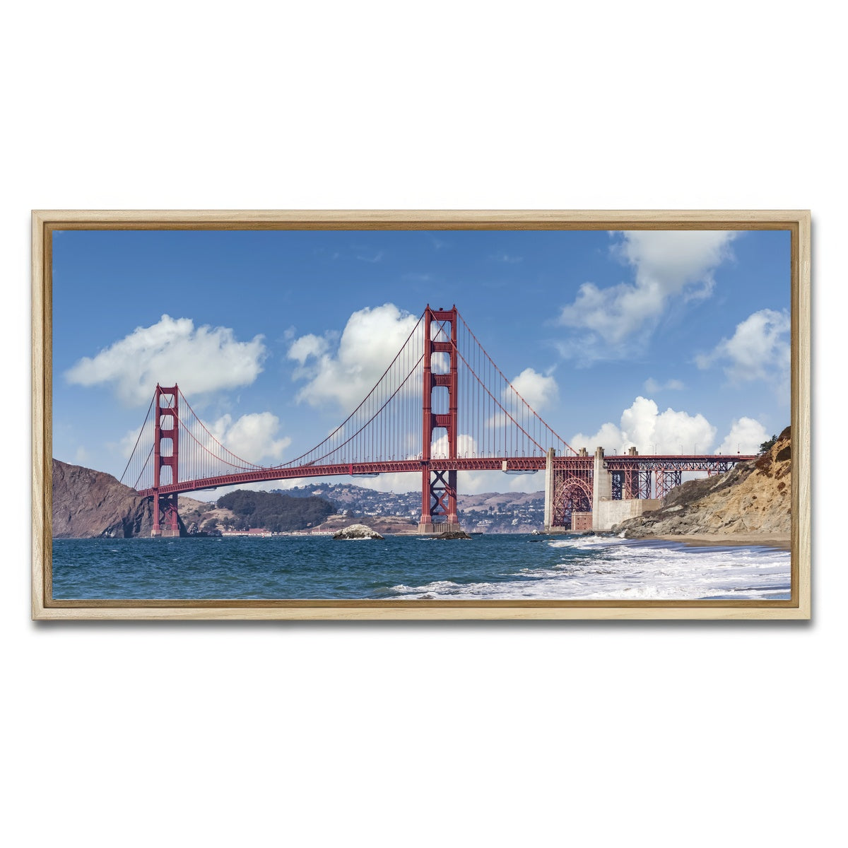 AUTO-MOCKUP WHITE | GOLDEN GATE Baker Beach Panoramic | 1 Piece | Natural Framed Canvas | group=2x1
