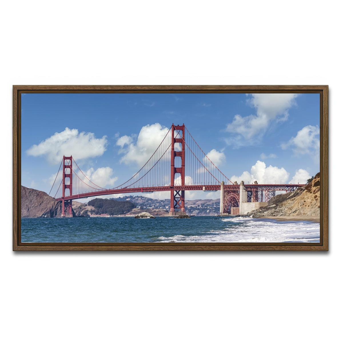 AUTO-MOCKUP WHITE | GOLDEN GATE Baker Beach Panoramic | 1 Piece | Walnut Framed Canvas | group=2x1