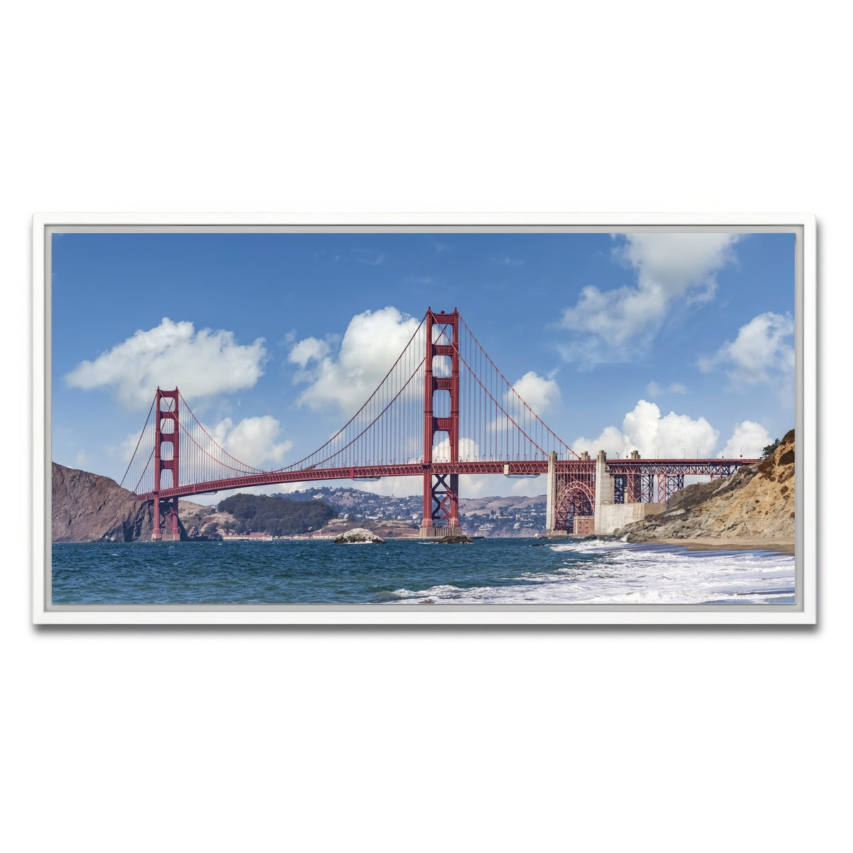 AUTO-MOCKUP WHITE | GOLDEN GATE Baker Beach Panoramic | 1 Piece | White Framed Canvas | group=2x1