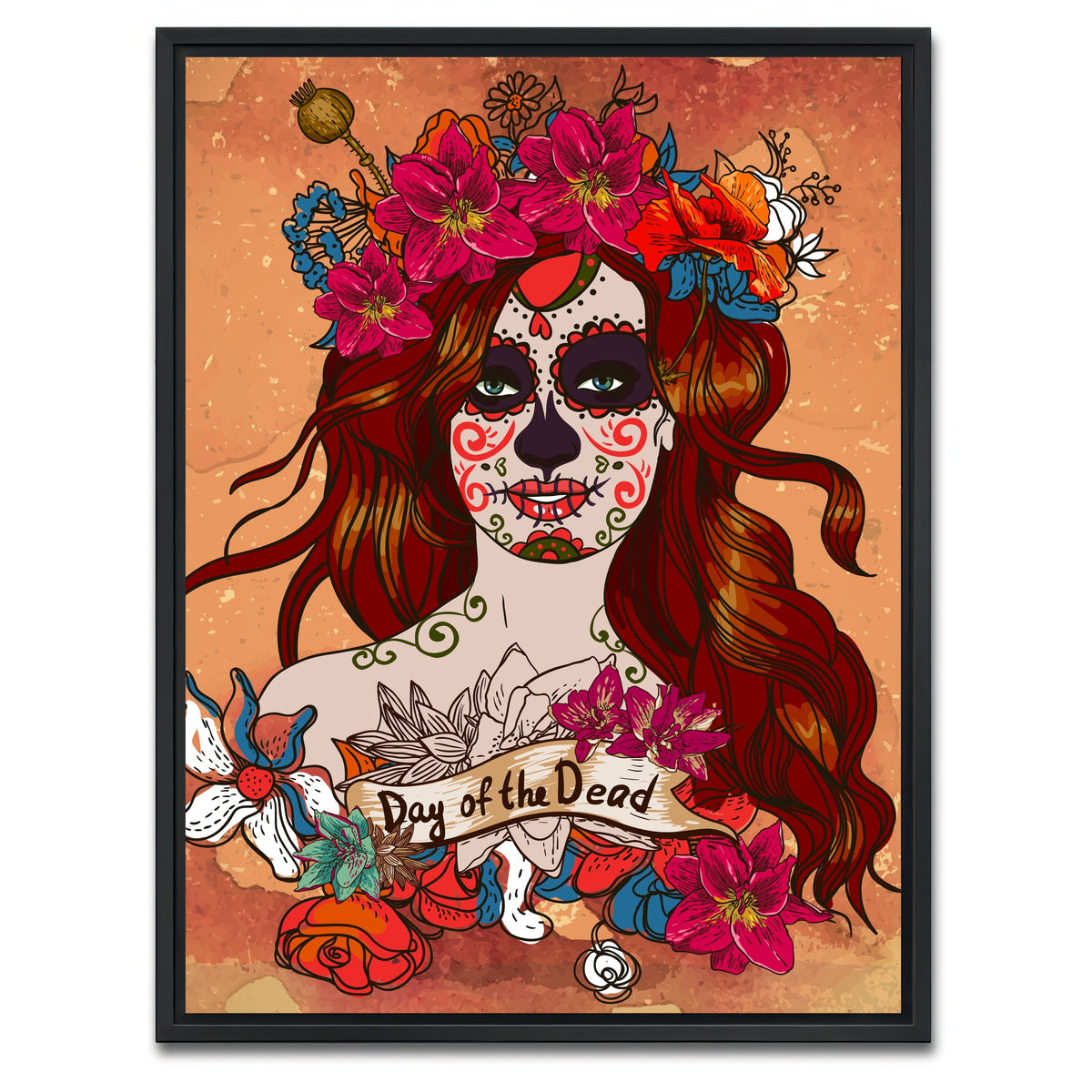 AUTO-MOCKUP WHITE | Girl With Sugar Skull | 1 Piece | Black Framed Canvas | group=3x4