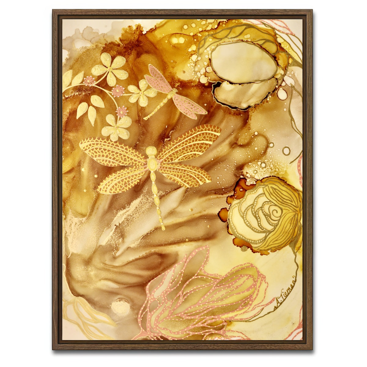 AUTO-MOCKUP WHITE | Golden Dragonflies | 1 Piece | Walnut Framed Canvas | group=3x4