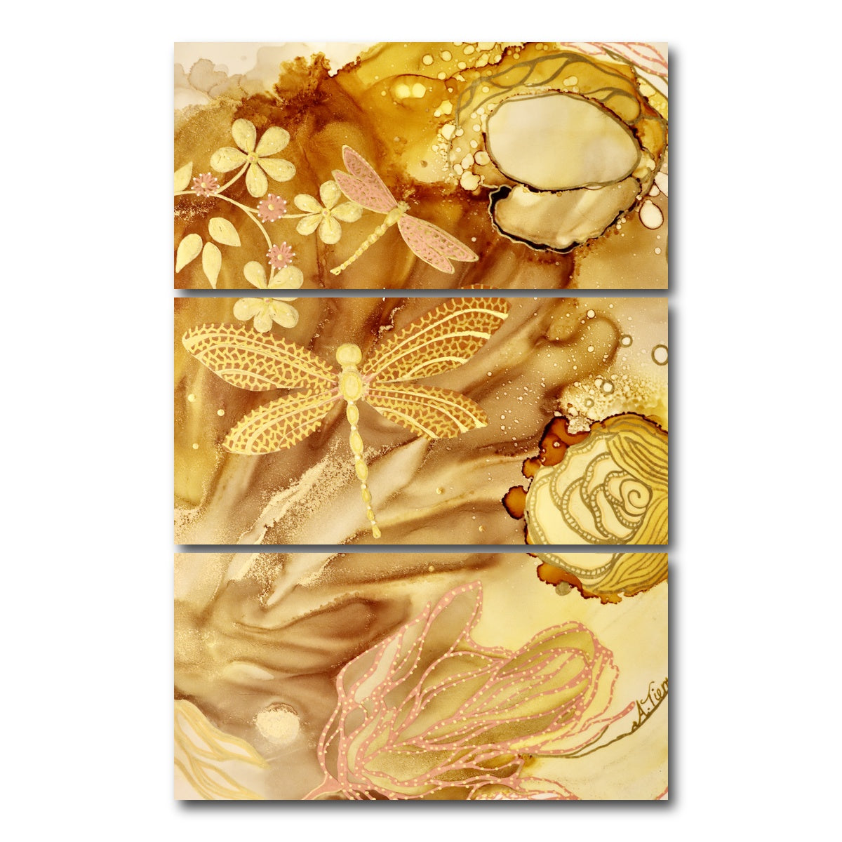 AUTO-MOCKUP WHITE | Golden Dragonflies | 3 Piece | Gallery Wrap Canvas | group=12x24_stacked