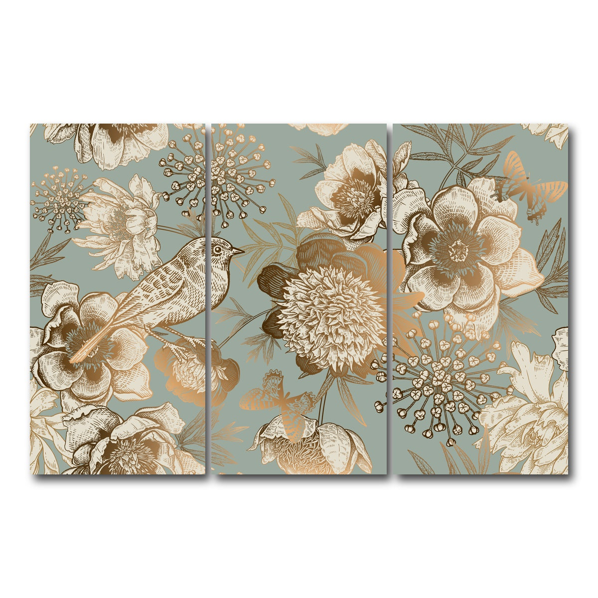 AUTO-MOCKUP WHITE | Golden Flowers Pattern | 3 Piece | Gallery Wrap Canvas | group=12x24