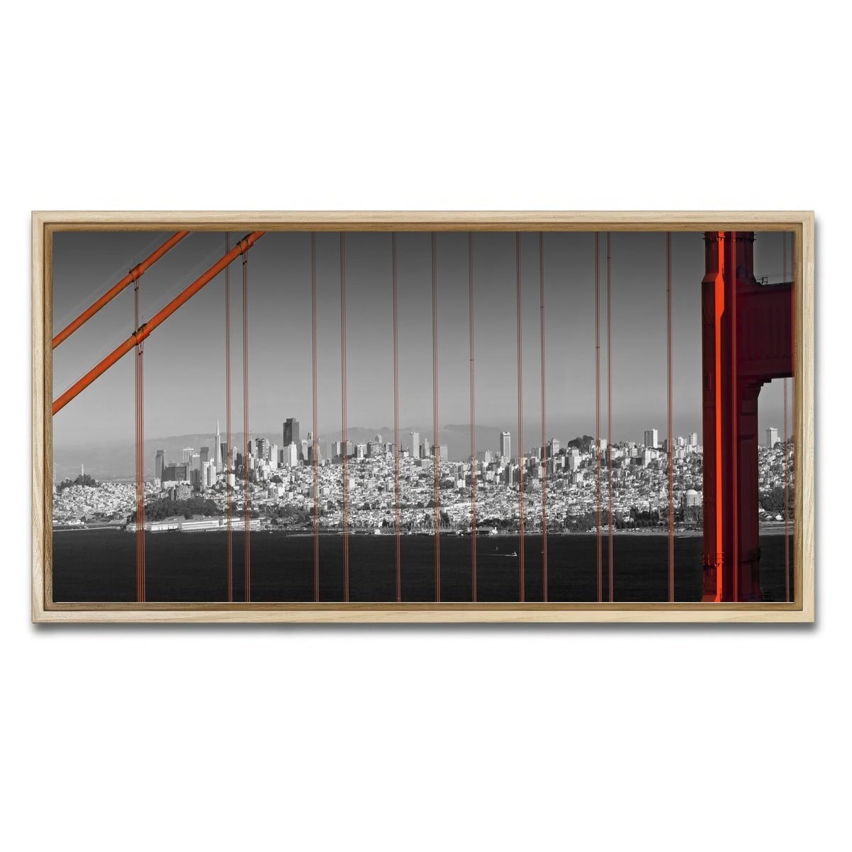 AUTO-MOCKUP WHITE | Golden Gate Bridge - Panoramic Downtown View | 1 Piece | Natural Framed Canvas | group=2x1