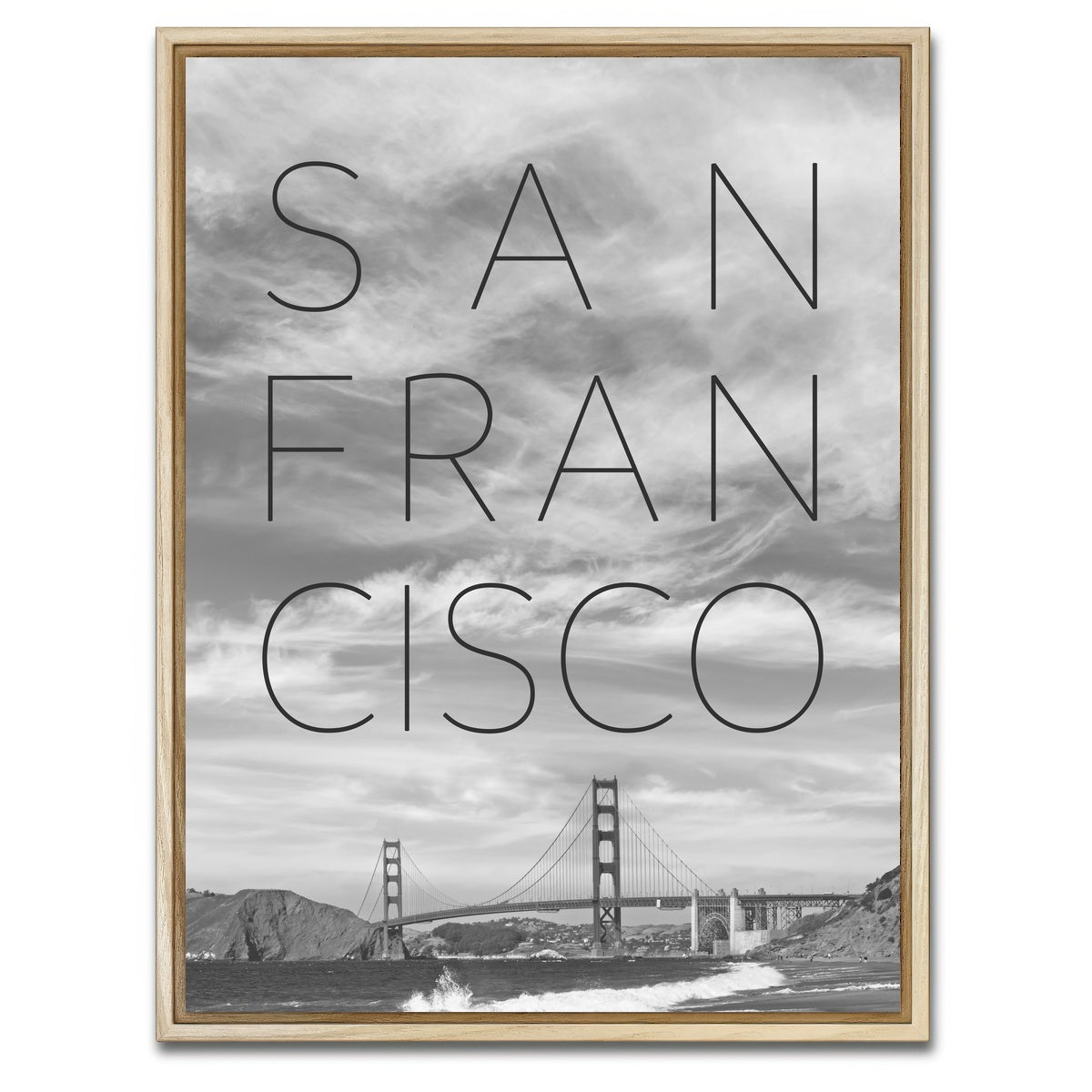 AUTO-MOCKUP WHITE | Golden Gate Bridge & Baker Beach Text | 1 Piece | Natural Framed Canvas | group=3x4