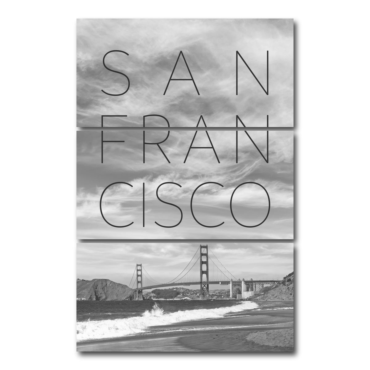 AUTO-MOCKUP WHITE | Golden Gate Bridge & Baker Beach Text | 3 Piece | Gallery Wrap Canvas | group=12x24_stacked