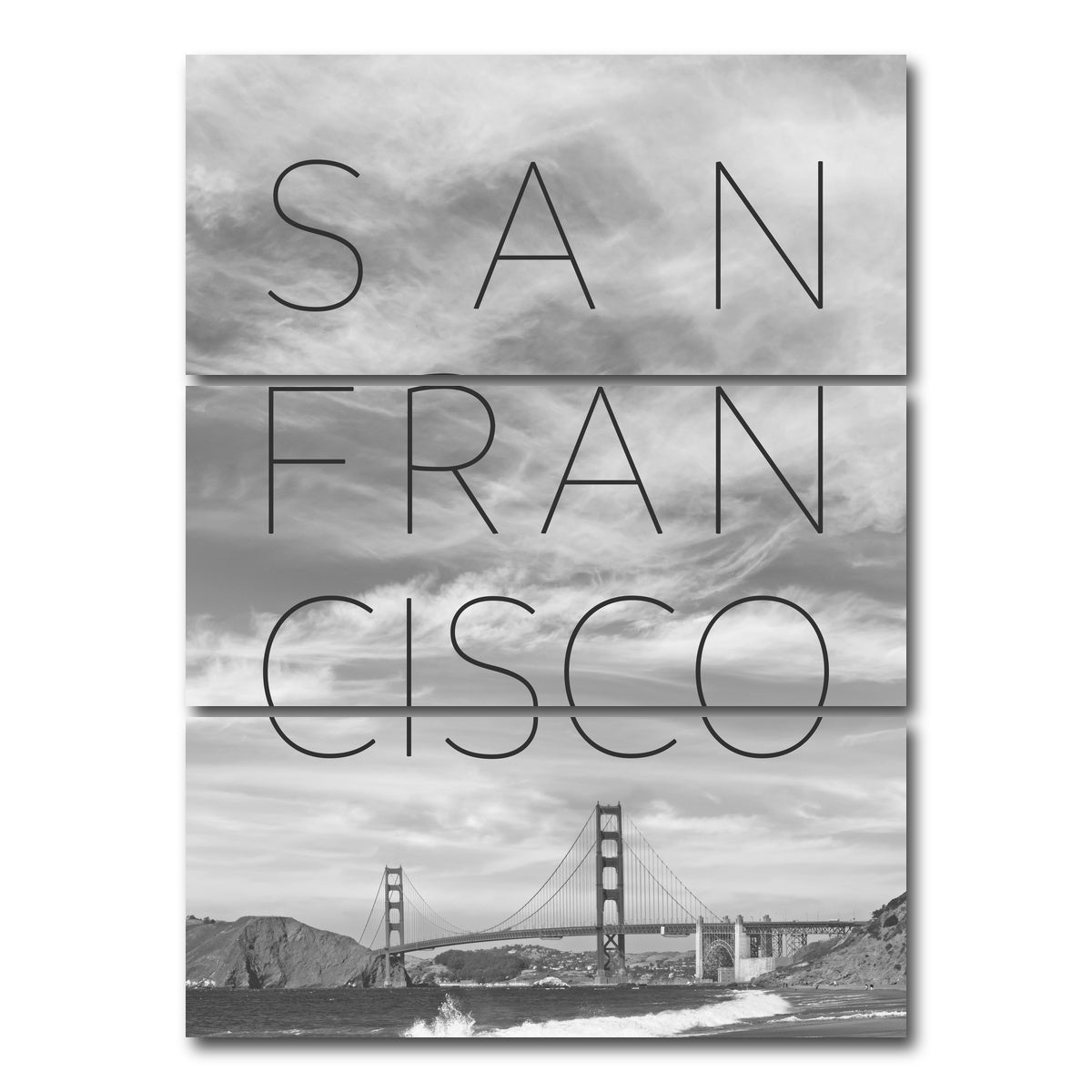 AUTO-MOCKUP WHITE | Golden Gate Bridge & Baker Beach Text | 3 Piece | Gallery Wrap Canvas | group=8x18_stacked