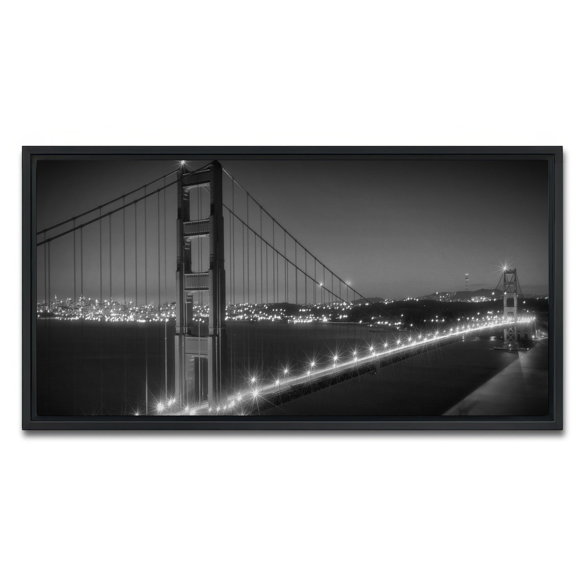 AUTO-MOCKUP WHITE | Golden Gate Bridge Monochrome Cityscape | 1 Piece | Black Framed Canvas | group=2x1