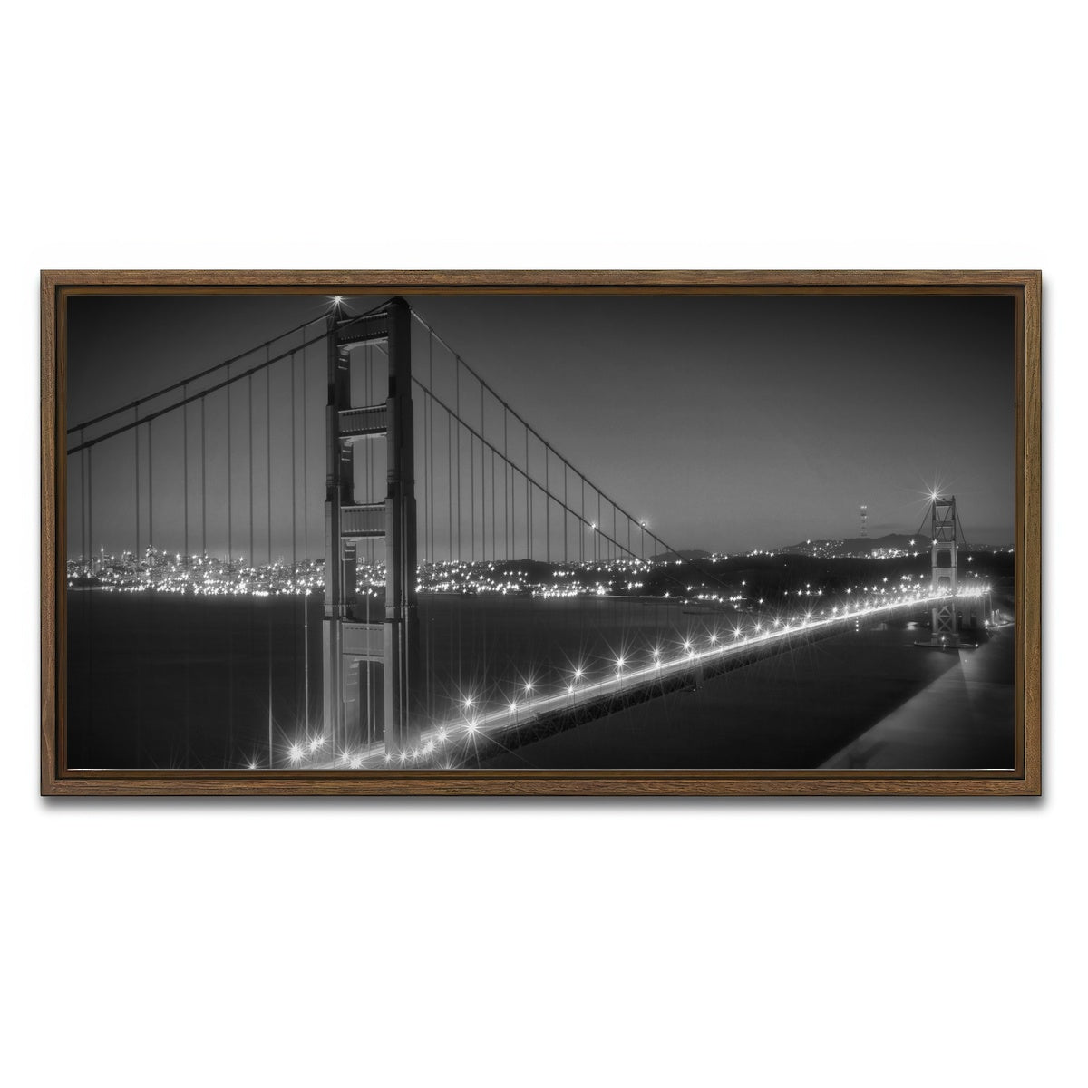 AUTO-MOCKUP WHITE | Golden Gate Bridge Monochrome Cityscape | 1 Piece | Walnut Framed Canvas | group=2x1