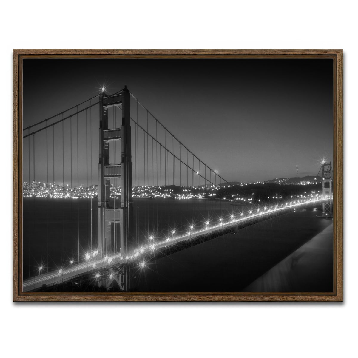 AUTO-MOCKUP WHITE | Golden Gate Bridge Monochrome Cityscape | 1 Piece | Walnut Framed Canvas | group=4x3