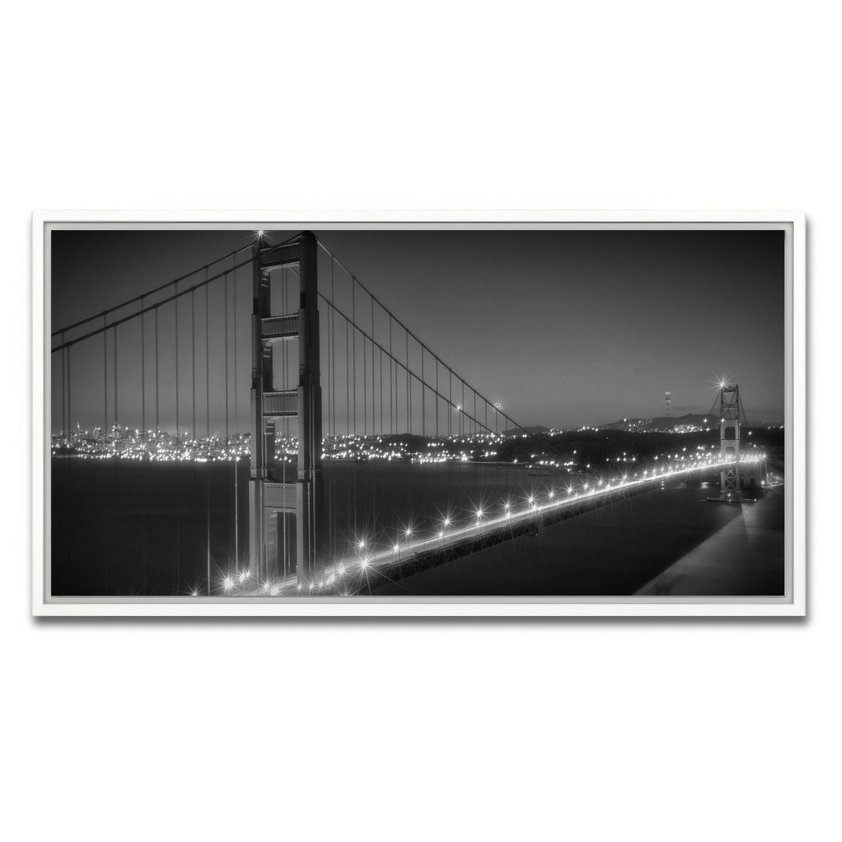 AUTO-MOCKUP WHITE | Golden Gate Bridge Monochrome Cityscape | 1 Piece | White Framed Canvas | group=2x1