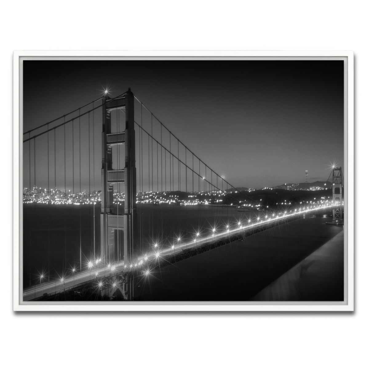 AUTO-MOCKUP WHITE | Golden Gate Bridge Monochrome Cityscape | 1 Piece | White Framed Canvas | group=4x3