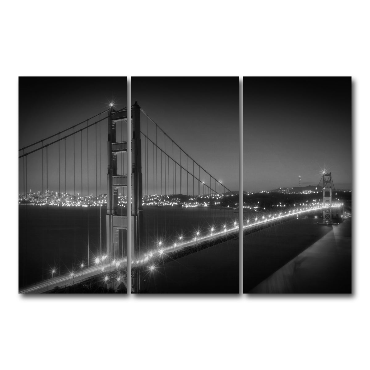 AUTO-MOCKUP WHITE | Golden Gate Bridge Monochrome Cityscape | 3 Piece | Gallery Wrap Canvas | group=12x24