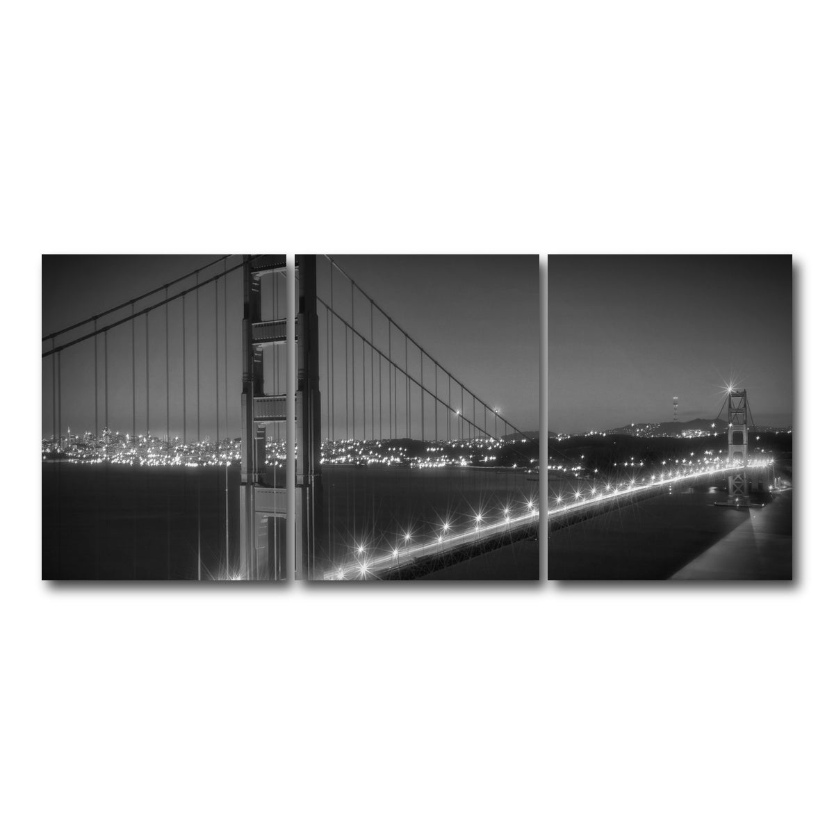 AUTO-MOCKUP WHITE | Golden Gate Bridge Monochrome Cityscape | 3 Piece | Gallery Wrap Canvas | group=18x24