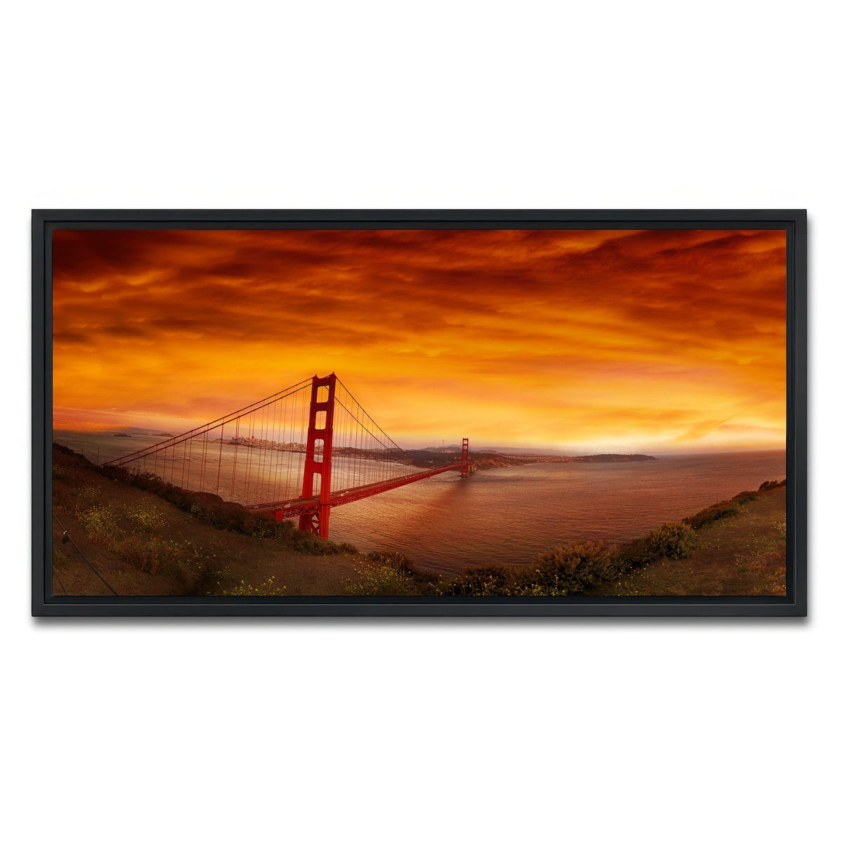 AUTO-MOCKUP WHITE | Golden Gate Bridge Sunset | 1 Piece | Black Framed Canvas | group=2x1