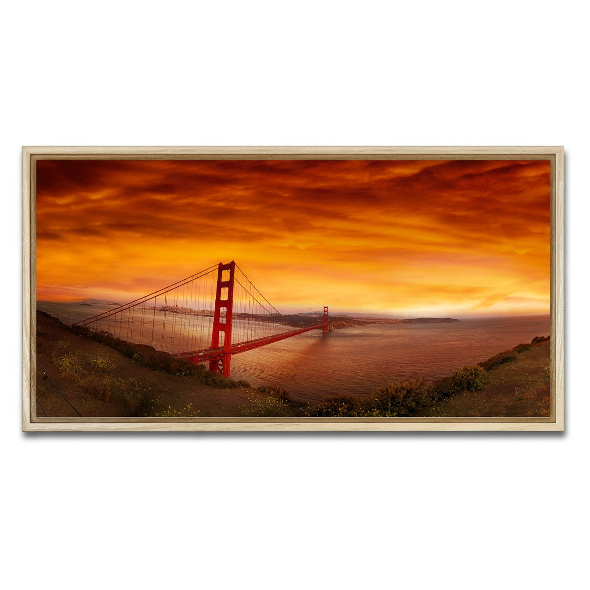 AUTO-MOCKUP WHITE | Golden Gate Bridge Sunset | 1 Piece | Natural Framed Canvas | group=2x1