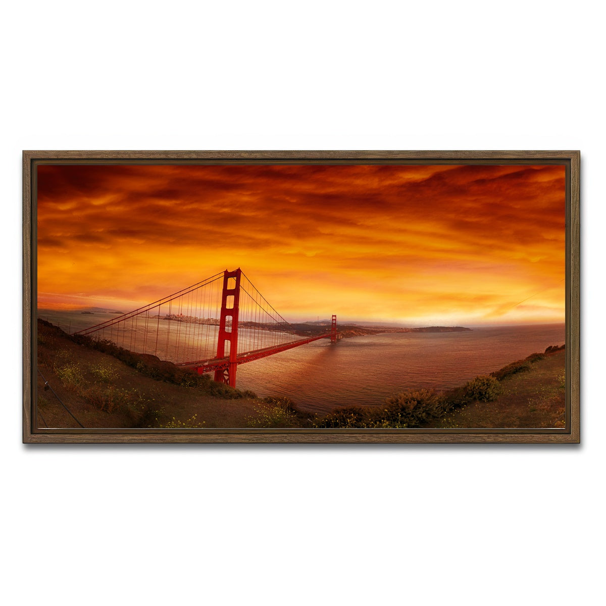 AUTO-MOCKUP WHITE | Golden Gate Bridge Sunset | 1 Piece | Walnut Framed Canvas | group=2x1